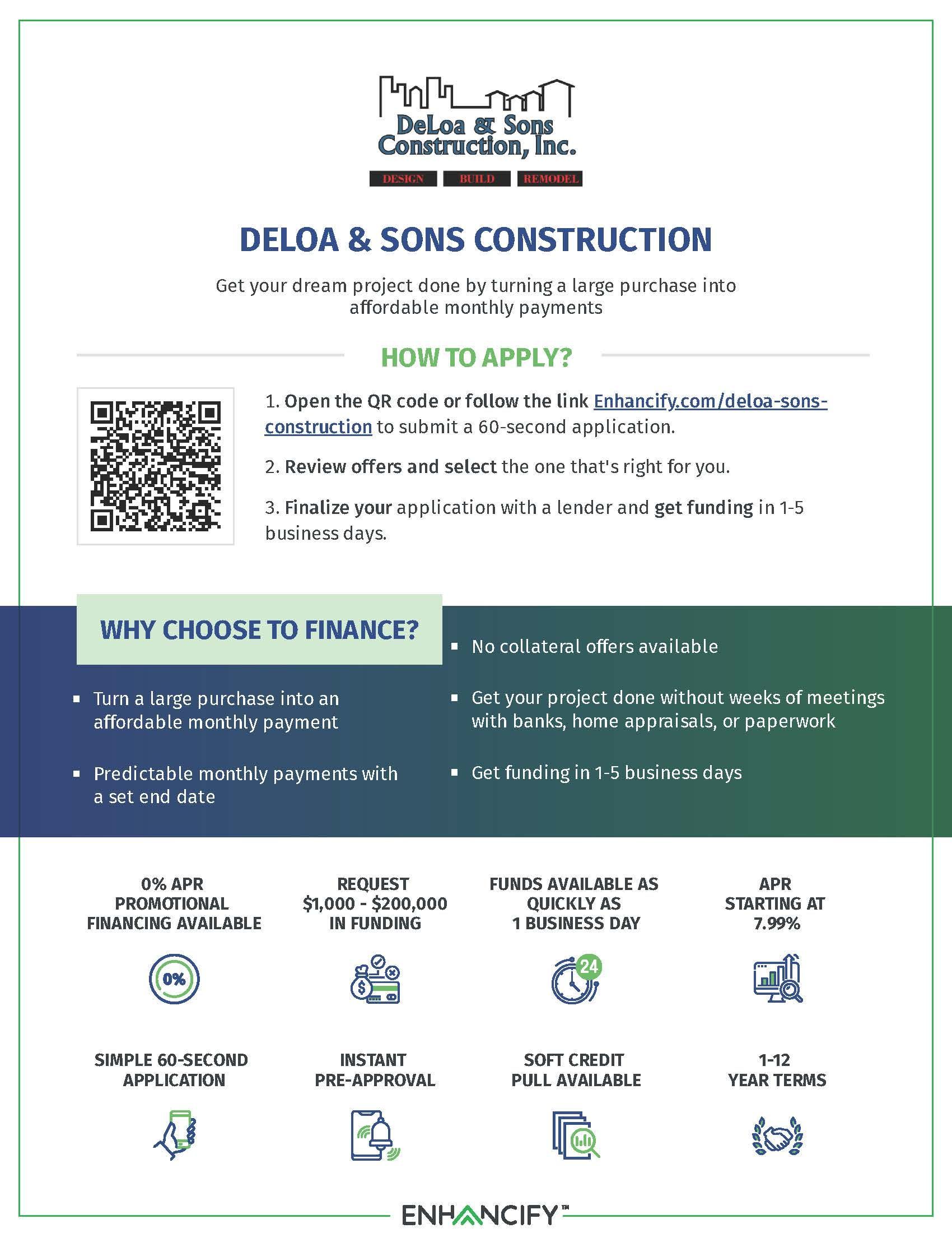 DeLoa & Sons Construction financing benefits flyer