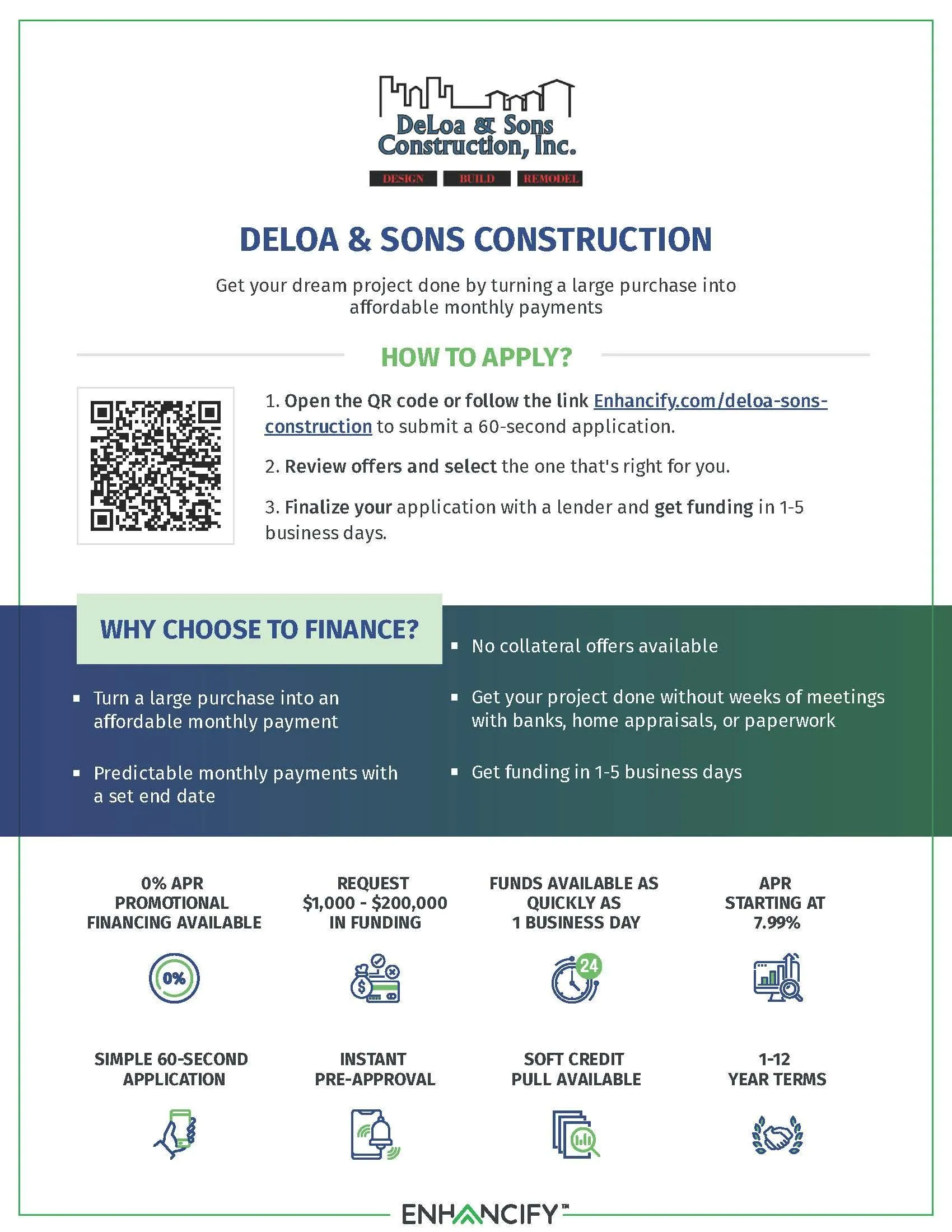 DeLoa & Sons Construction financing benefits flyer